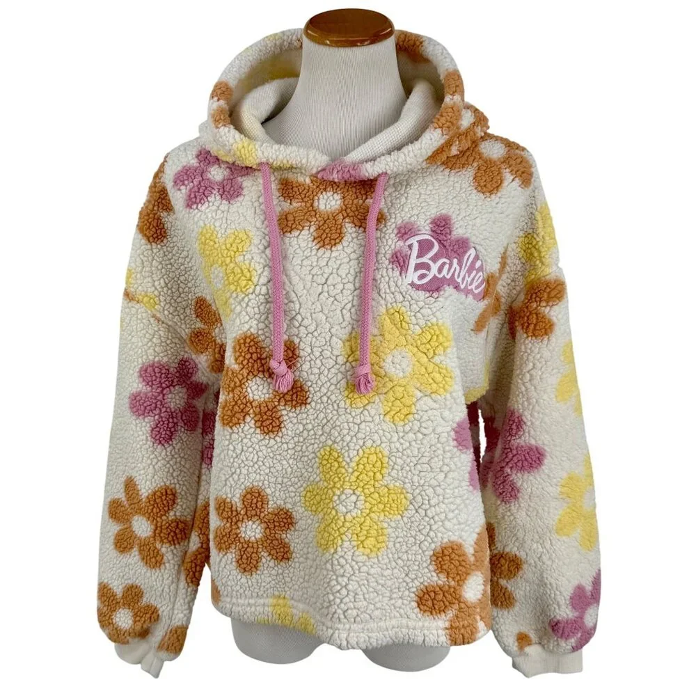 Barbie Flower Faux Sherpa Pullover Floral Hoodie Coat | Barbiecore Girlhoodcore - Picture 2 of 16